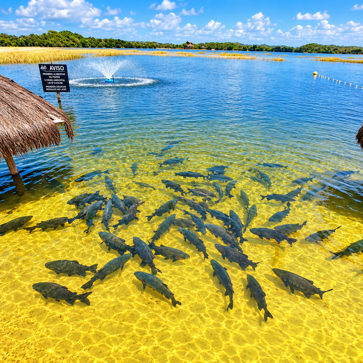 Vista da Lagoa dos Tambaquis em Estância, Sergipe, com quiosques de palha, cardume de tambaquis em águas transparentes e fonte no Paraíso dos Tambaquis