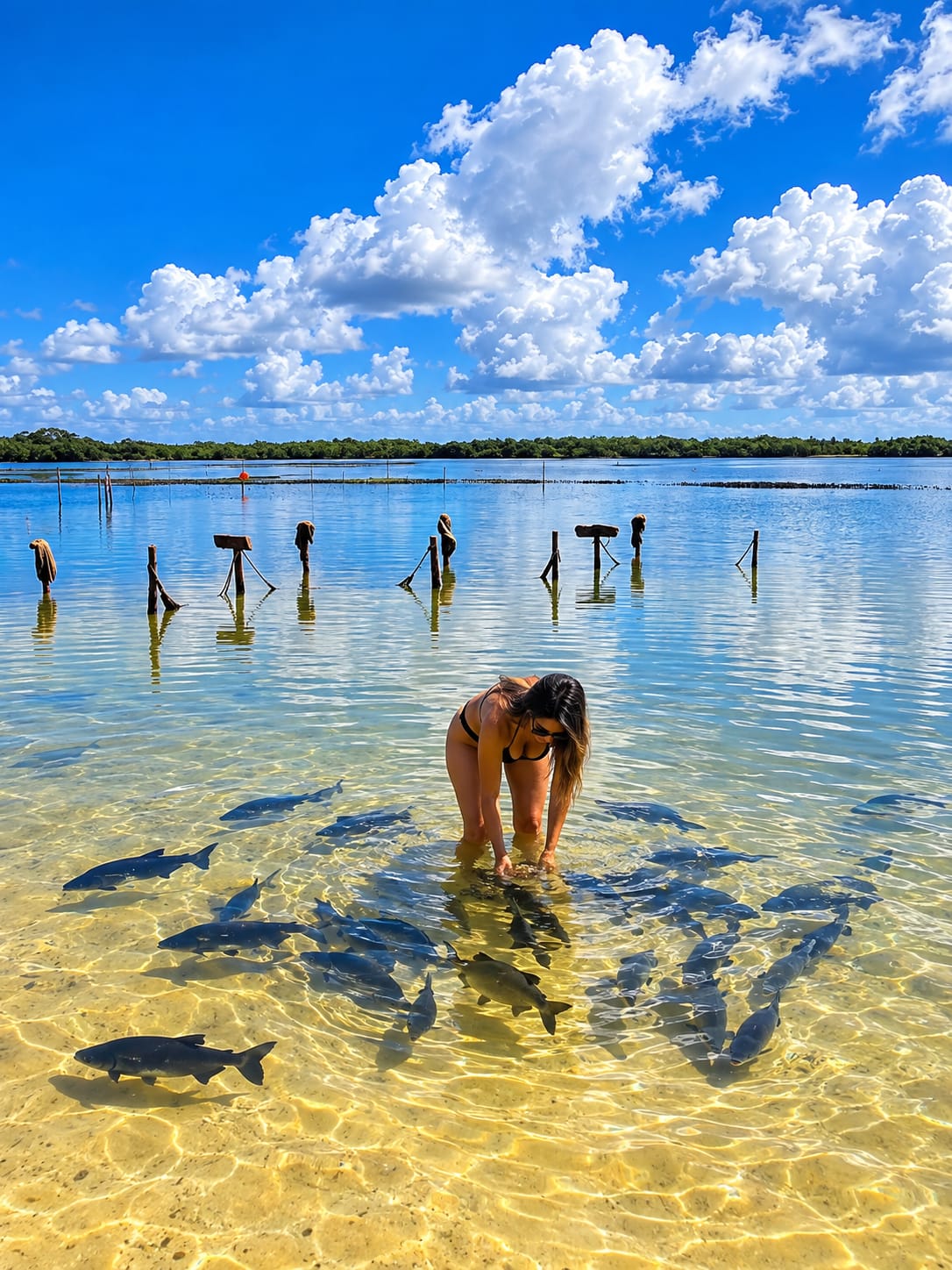 Mulher alimentando um grande cardume de tambaquis nas águas rasas e cristalinas da Lagoa dos Tambaquis, Paraíso dos Tambaquis em Estância, Sergipe