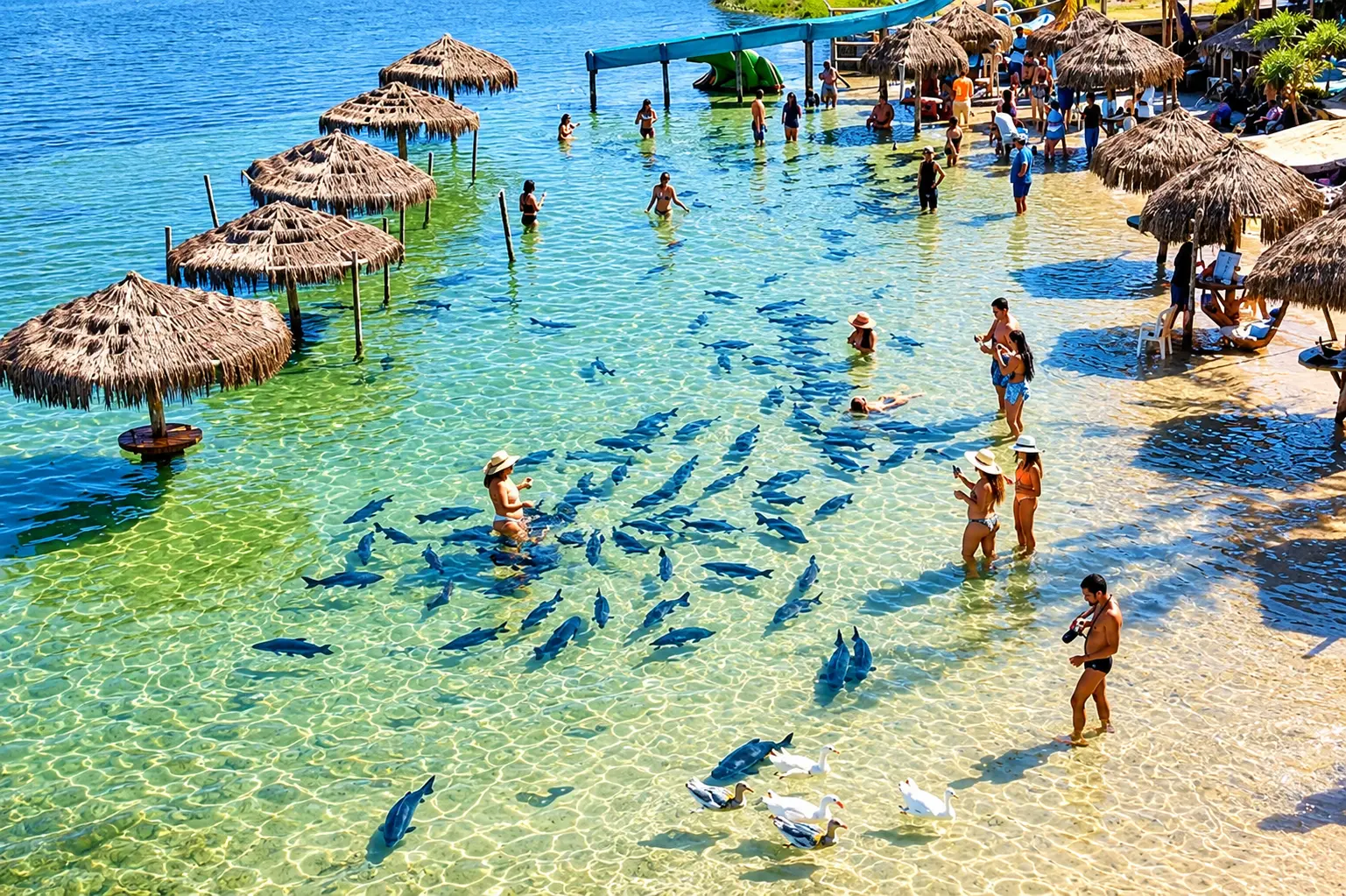 Vista aérea da Lagoa dos Tambaquis no Paraíso dos Tambaquis, Estância, Sergipe: visitantes na área de banho com cardume de tambaquis, quiosques de palha e tobogã aquático